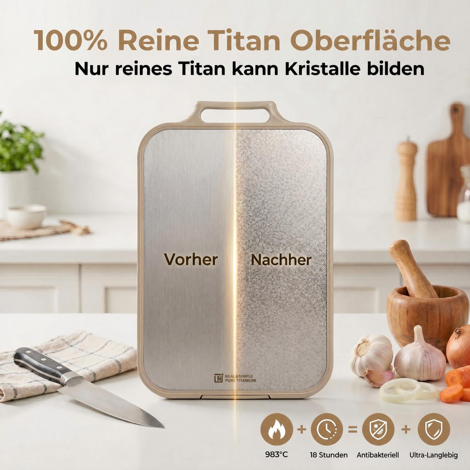 Tagliere in Titanio Puro al 100%, Tagliere Antibatterico Doppia Faccia, Tagliere da Cucina con Scanalatura per Succhi, Lavabile in Lavastoviglie, Ideale per Carne, Frutta e Verdura, Grande