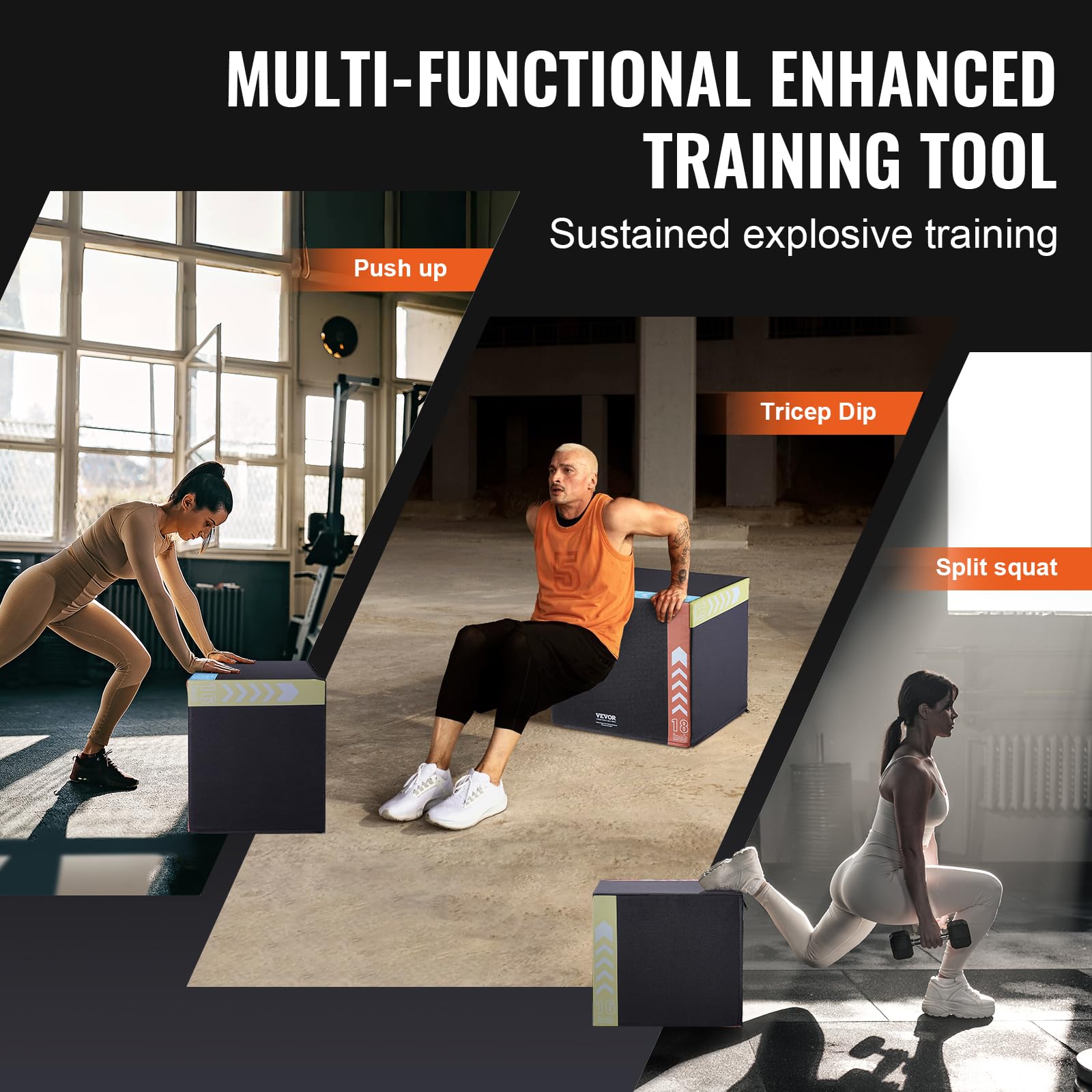 VEVOR Jump box pliometrico 3 in 1, scatola in cotone da 50/45/40 cm, piattaforma e agilità durante il salto, antiscivolo, per esercizi fitness e allenamento a casa, per allenamento della forza