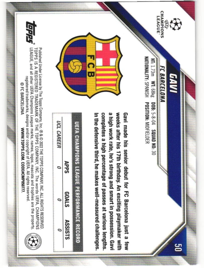 GAVI 2021-22 Topps UEFA Champions League Soccer #50 Rookie Card RC FC Barcelona Spain