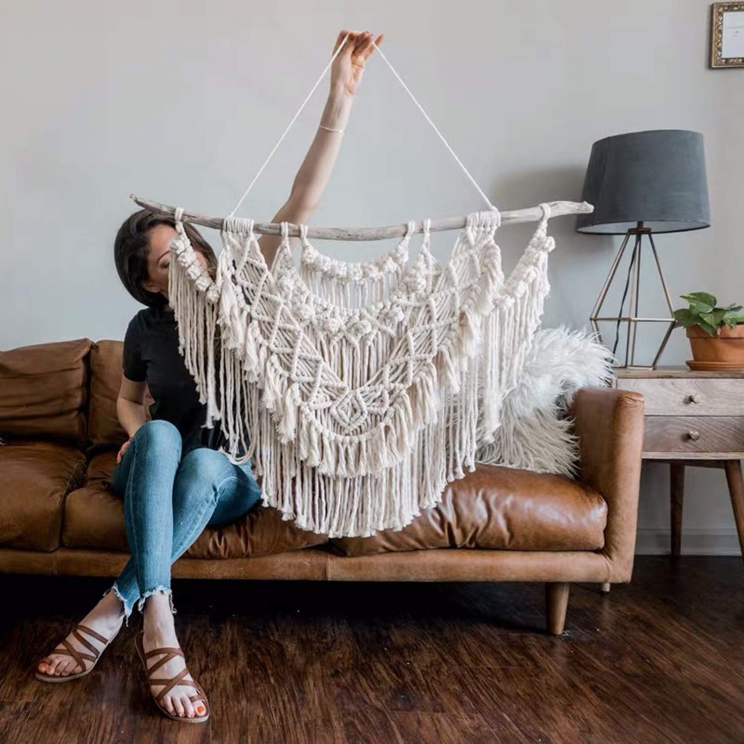 ZNKZJ Tapices de Pared macramé Tejidos,Hecho a Mano Tapiz de Pared Naturales del algodón Decoración casera del Arte para la habitación del Dormitorio del apartamento',Beige-75 X 70 CM
