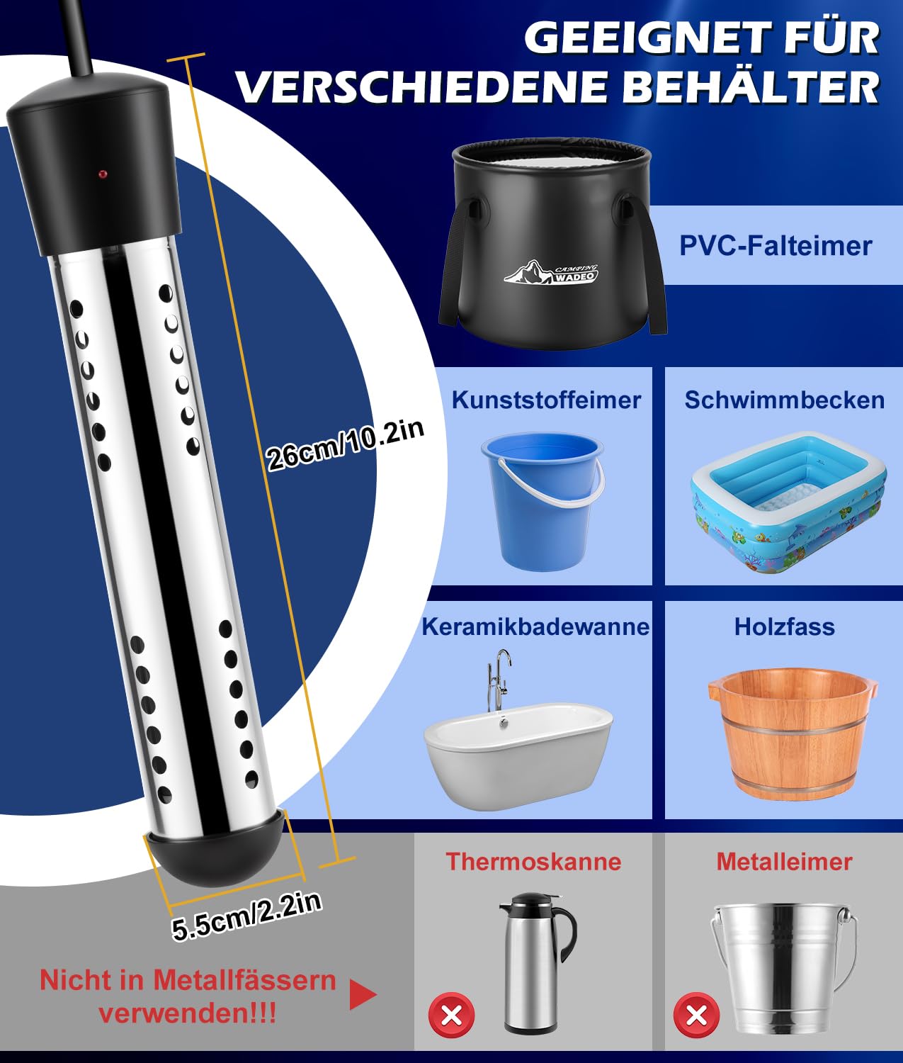 WADEO Tragbare Campingdusche akku 6000 mAh mit Pumpe Tauchsieder und 20l-Wasserbehälter, wasserdichte Campingpumpe Outdoor-Duschset mit Heizfunktion für Wandern Reisen Garten Autowäsche Notfälle