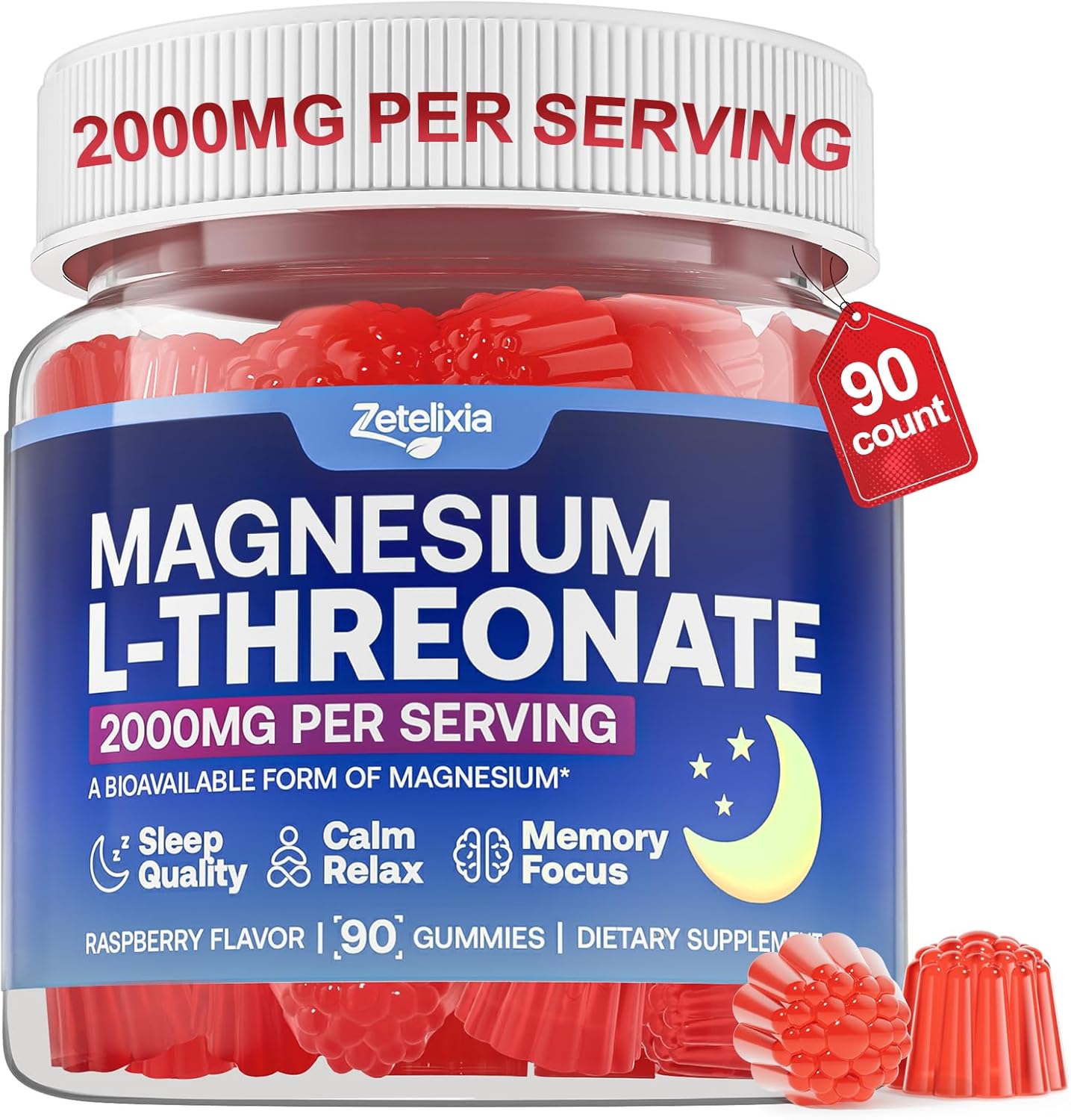 90 Count | Magnesium L-Threonate Gummies 2000mg, Magnesium Threonate Supplement for Adults & Kids, Support Cognition, Restful Sleep & Muscle Health, Sugar Free, Vegan, Non-GMO, Raspberry Flavor