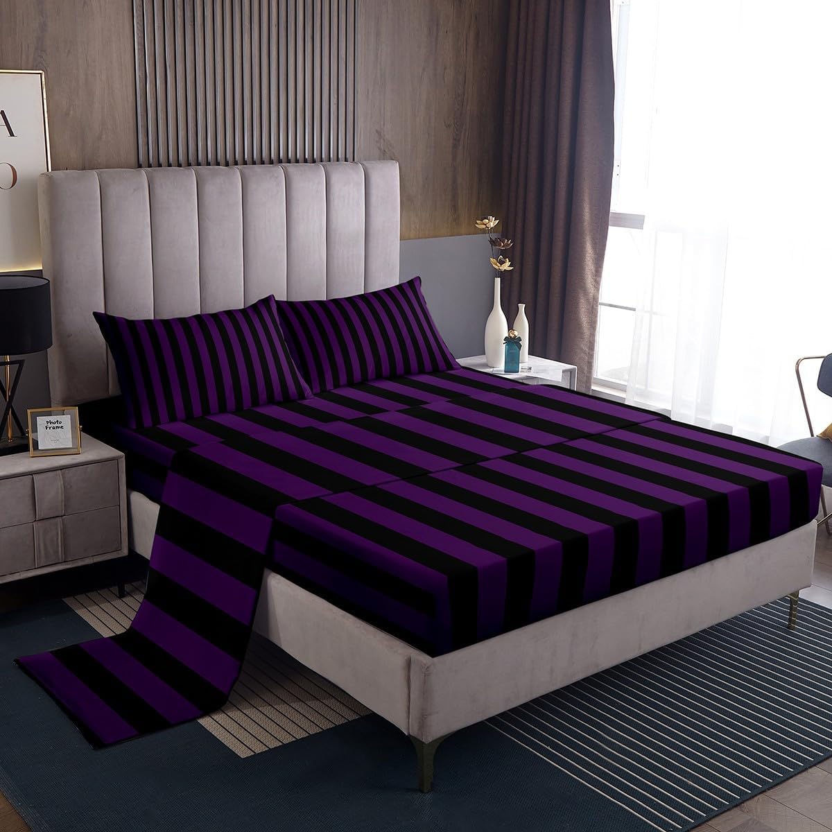 Feelyou Dark Purple Black Bedding for Kids Boys Girls Abstract Stripes Bed Sheets Set King Size Geometric 4 Pieces Sheet with 16 Inch Deep Pockets Bedroom Decor Soft Microfiber Modern 4Pcs