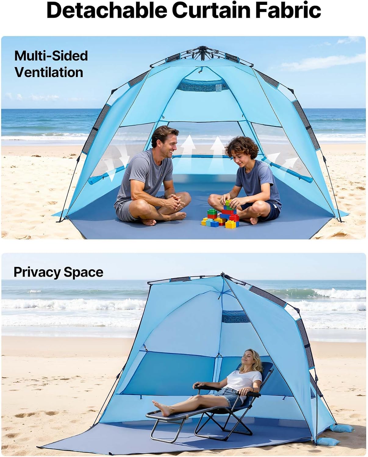 VEVOR Beach Tent Sun Shelter for 4 Person, Pop Up Beach Tent UPF 50+ Protection, Portable Sun Shade Canopy with Carrying Bag and Sand Pockets, Easy Setup Umbrella for Camping Fishing Outdoor Picnic