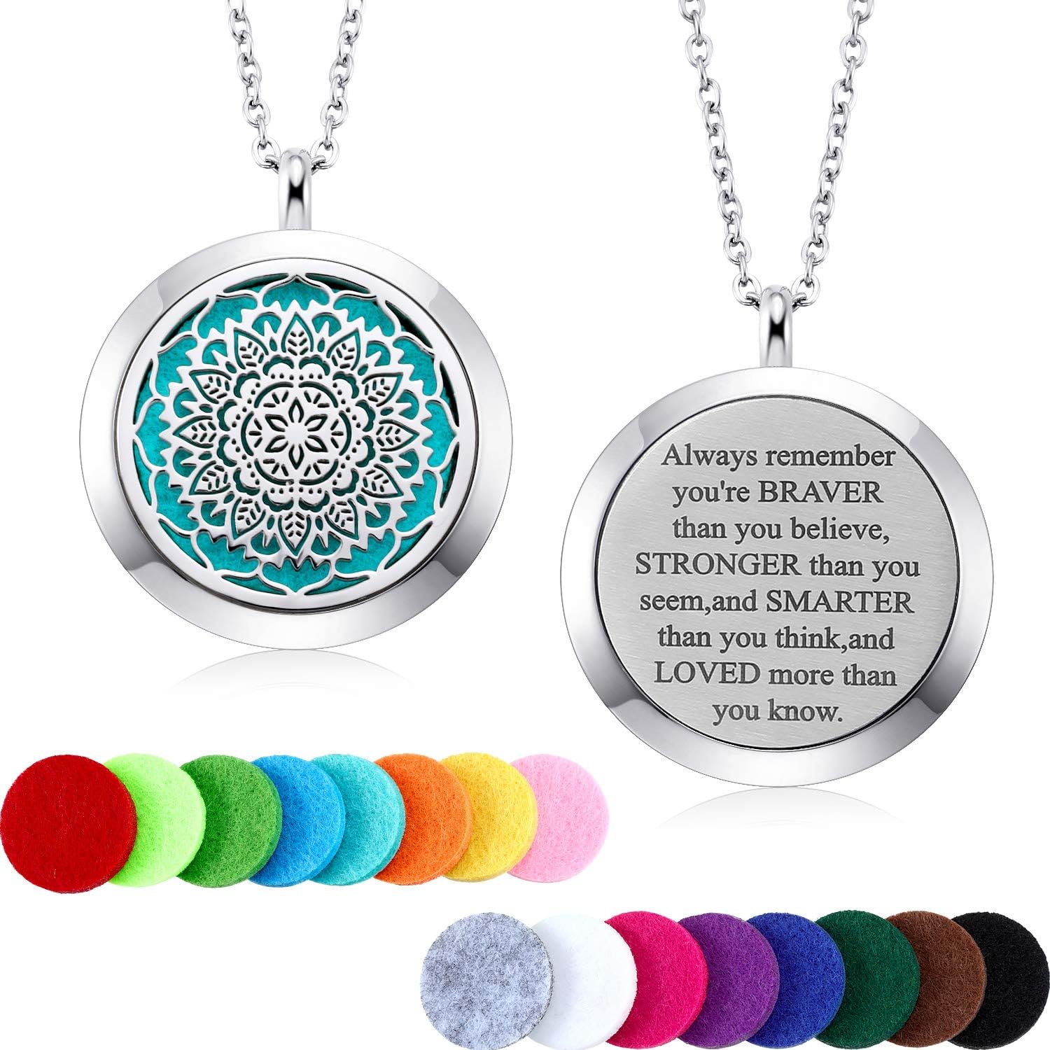 Mtlee Aromatherapy Essential Oil Diffuser Necklace Locket Pendant Stainless Steel Perfume Necklace with 16 Refill Pads and 24 inch Adjustable Chain (Flower)
