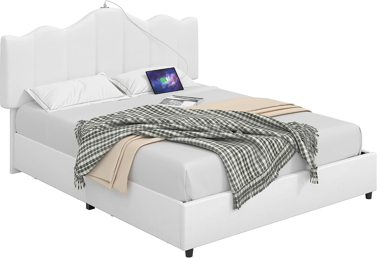 VECELO Queen Size Bed Frame with 4 Drawers, Adjustable Headboard, Upholstered Platform with Wood Slats Support, Built-in USB and Type C Ports, Off White