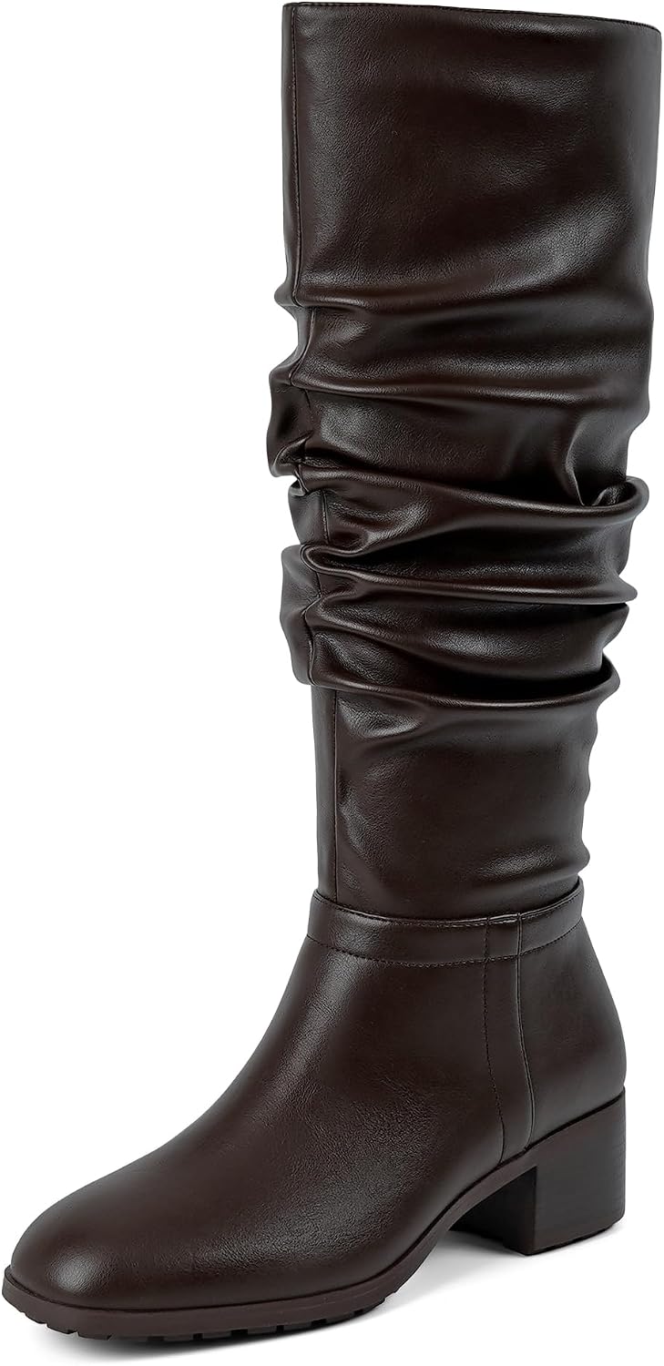 Modatope Chunky Heel Rounded Toe Anti-Slip Side Zipper Knee High Boots