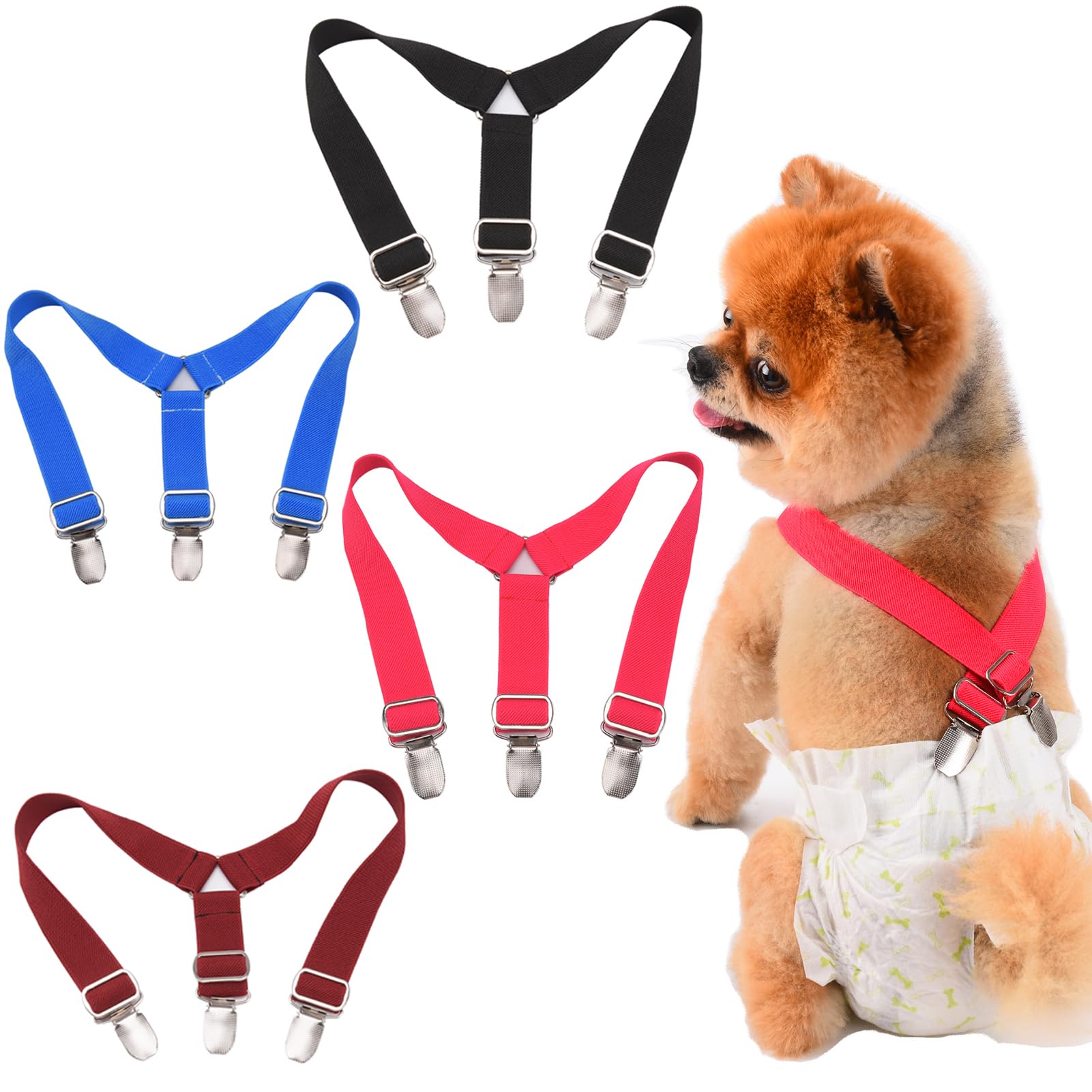 TESSVEYA Pack of 4 Dog Nappy Suspenders, Dog Nappy Harness for Small Medium and Large Dogs (Black & Red & Blue, M)