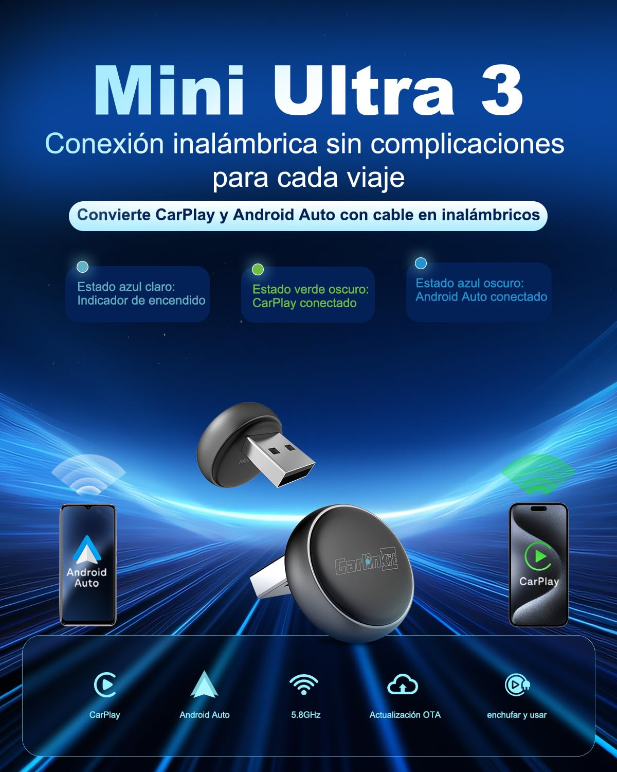 Carlinkit Adaptador inalámbrico CarPlay y Android Auto – Mini Ultra 3 Convert OEM con cable a dongle inalámbrico para iPhone y Android 11+, USB-A/Type-C Plug & Play, conexión rápida, actualización en