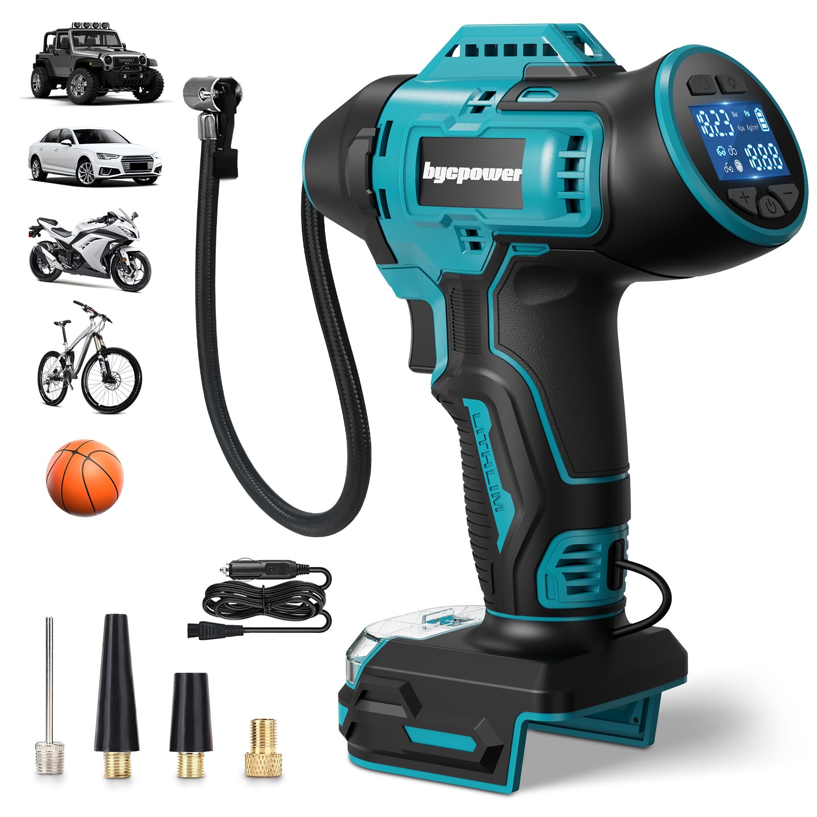 Akku Kompressor für Makita 18V Akku, 11bar 160PSI Autoreifen Luftpumpe | Tragbare Luftkompressor mit LCD-Display-Manometer, mit 12V Autostromkabel für Auto, Motorrad, Fahrrad, Ball(Ohne Akku)