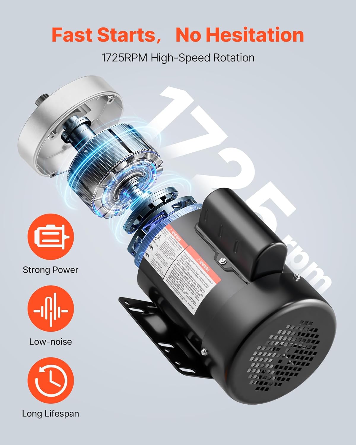 VEVOR 0.5 HP Electric Motor, 1725RPM Air Compressor Motor, CW/CCW Rotation, 5/8 inch Shaft Diameter, 1.88inch Shaft Length, 2.07N.m Torque, Single-Phase, TEFC Cooling, 115V/230V, 56 Frame