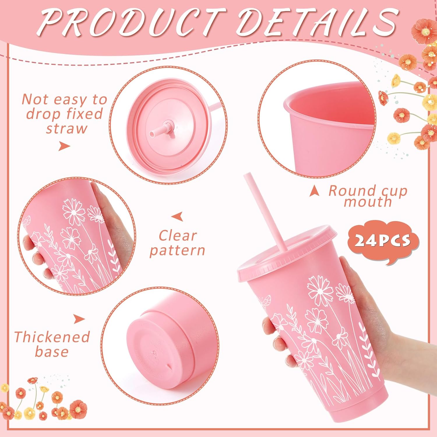 Skylety 12 Pcs Wildflower Plastic Tumblers with Lids and Straw Bulk Gift for Women 24 oz Spring Reusable Iced Coffee Cups Floral Travel Mugs for Easter Bridesmaid Birthday Baby Shower Party Supplies - Image 3