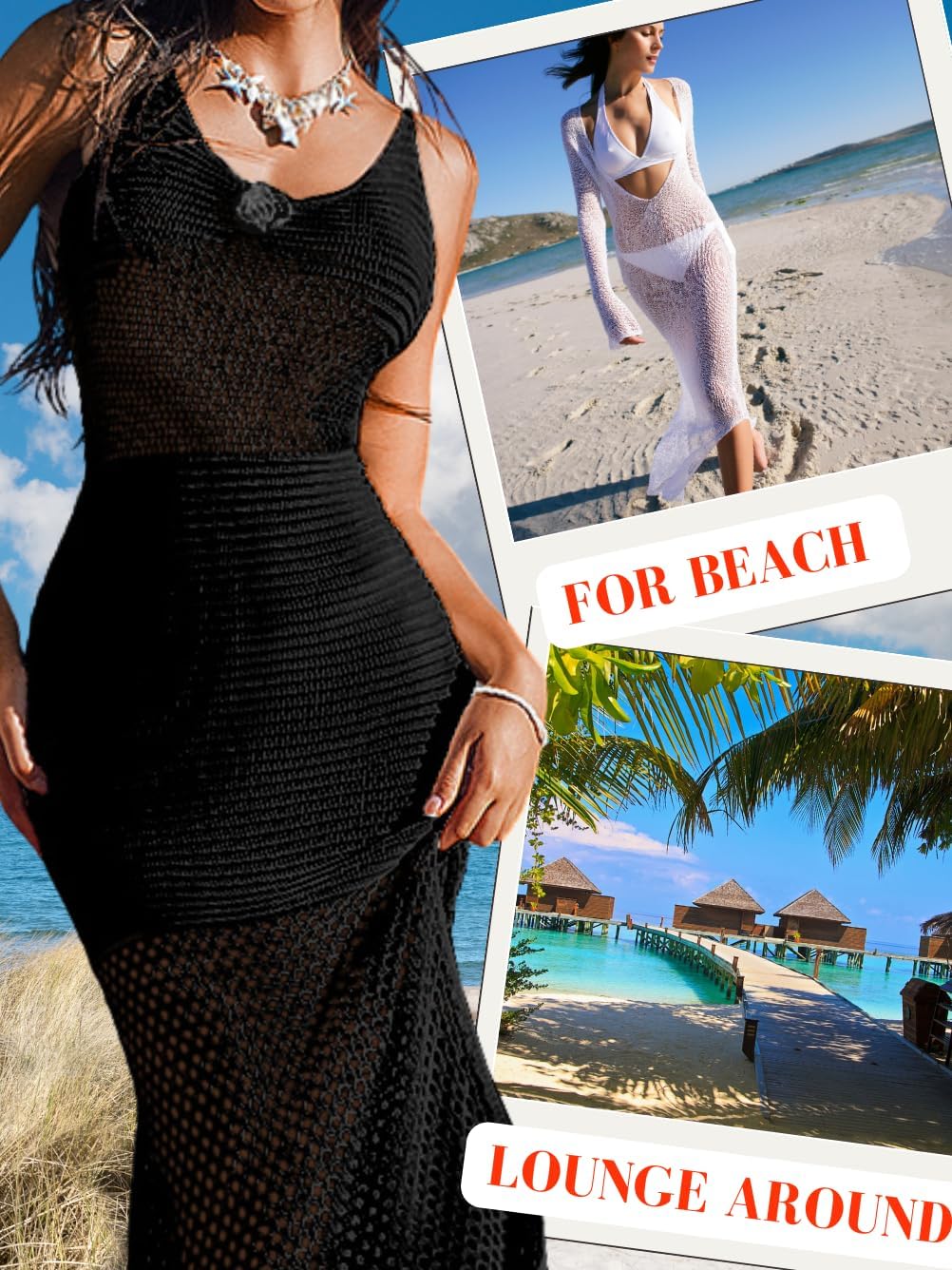 Kaei&Shi Sexy Crochet Dresses,Double Slit Swimsuit Cover Up Dress,Knit Beach Coverups for Women