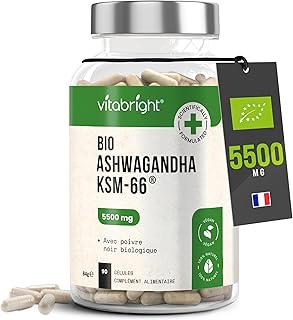 ASHWAGANDHA Bio Gelules Extra Fort 90 Jours | Detox Cortisol | 5500 mg | Ashwagandha KSM-66 + 5% Withanolides | l'Ashwagandha Anti Stress Adulte, Anxiete, Sommeil | VitaBright Vegan Ashwaganda KSM 66
