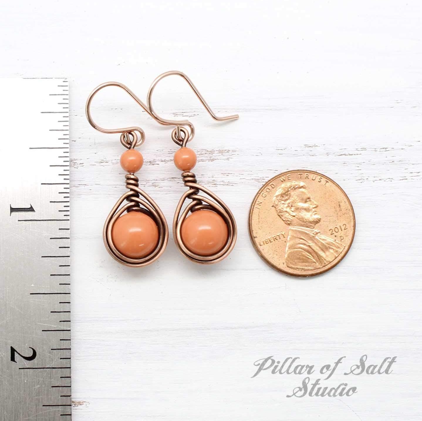 Pillar of Salt Studio Handcrafted Copper Earrings with Simulated Pearl and Rose Gold-filled Ear wires (Antiqued Copper, 1" drop, Coral)