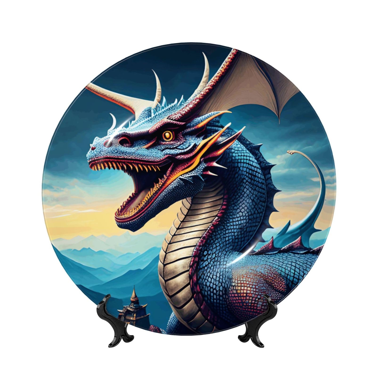 SXZVVBN Roaring Dragon Bone China Decorative Plate Art with Stand Removable Adhesive Hanging for Home Office 6in（15cm）