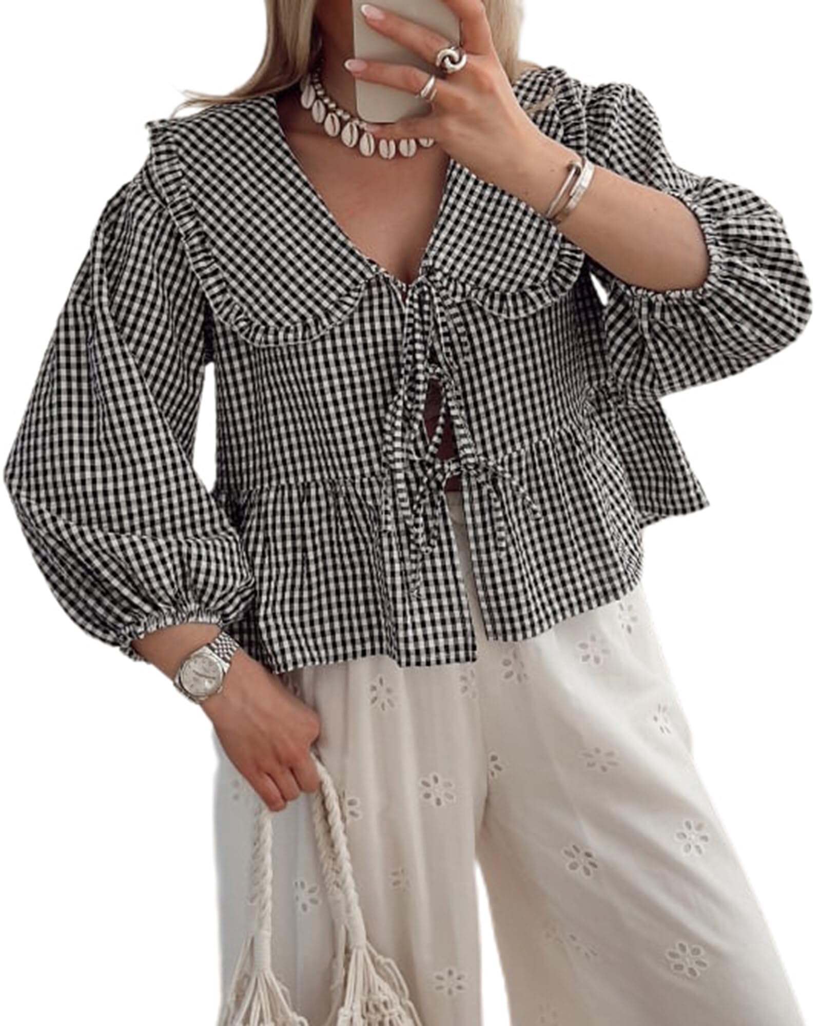 YEMOCILEBow Tie Front Peplum Blouse for Women Plaid Y2k Lantern Long Sleeve Lace Up Summer Preppy Top Going Out Shirt