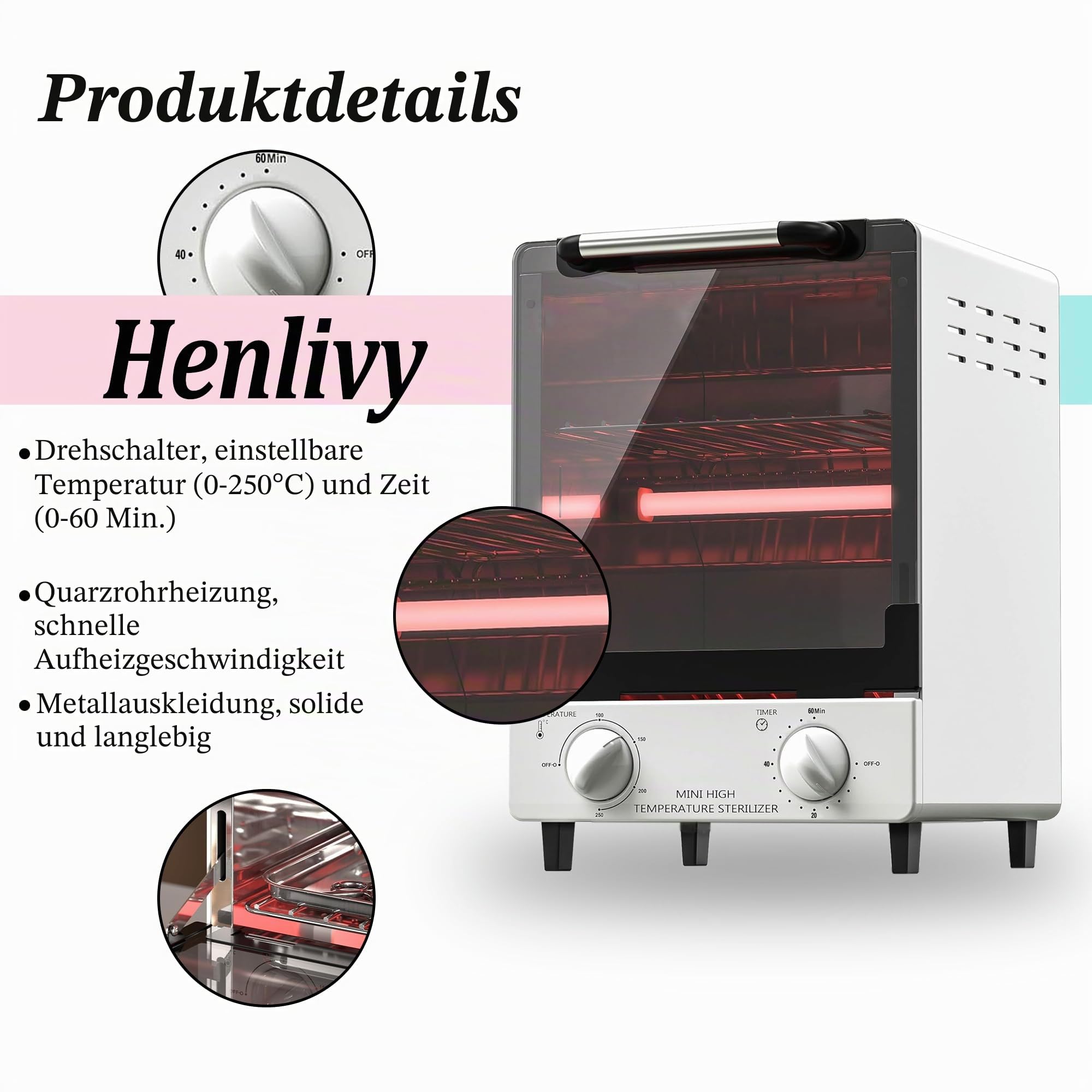 Hochtemperatur-Sterilisator, 10 Liter Fassungsvermögen, max. 250°C, mit Temperaturregelung und Timer, für Friseursalon, Spa, Nagelstudio, Werkzeugsterilisator