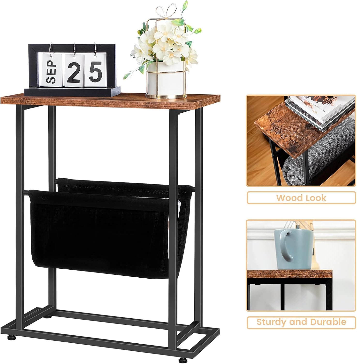 HOOBRO Side Table with Magazine Holder Sling, Narrow End Table, Industrial Slim Nightstand for Small Spaces, Wood Look Accent Table with Metal Frame, Easy Assembly, Rustic Brown and Black BF81BZ01