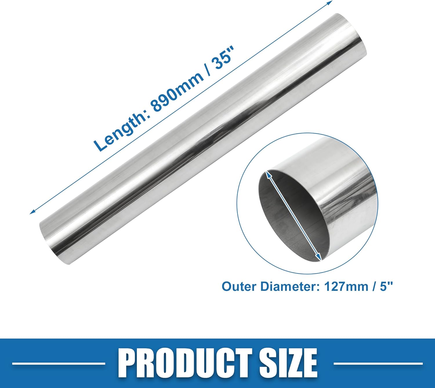 Car Mandrel Exhaust Pipe Tube Durable 35" Length 5' OD Straight Exhaust Tube DIY Custom 0 Degree Modified Piping T304 Stainless Steel Silver Tone