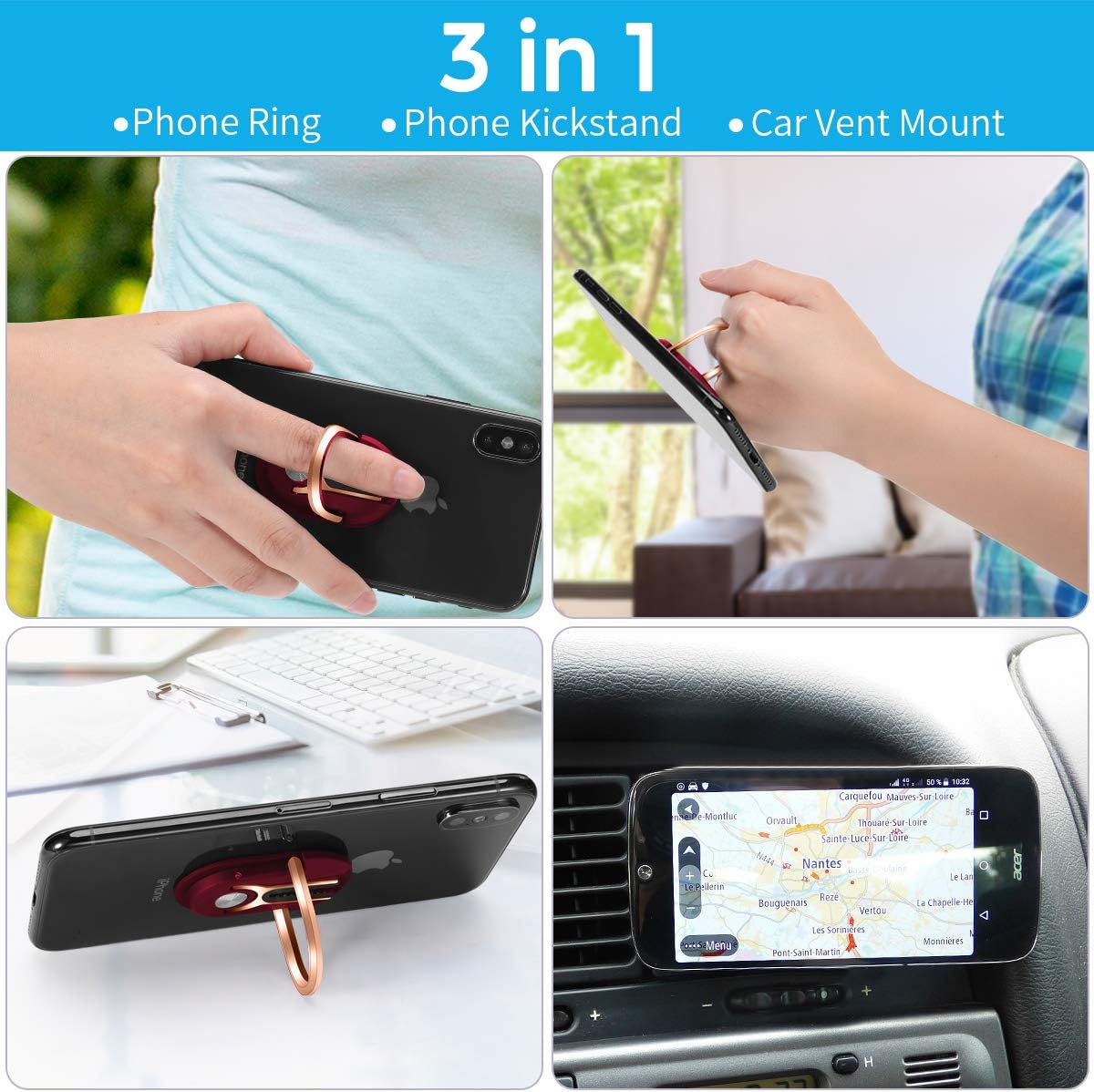 Cell Phone Ring Holder Stand, 3 in 1 MR. YLLS Universal Air Vent Car Phone Mount and Finger Grip Ring Kickstand, 360°Rotation & 90°Flip (Red & Gold)