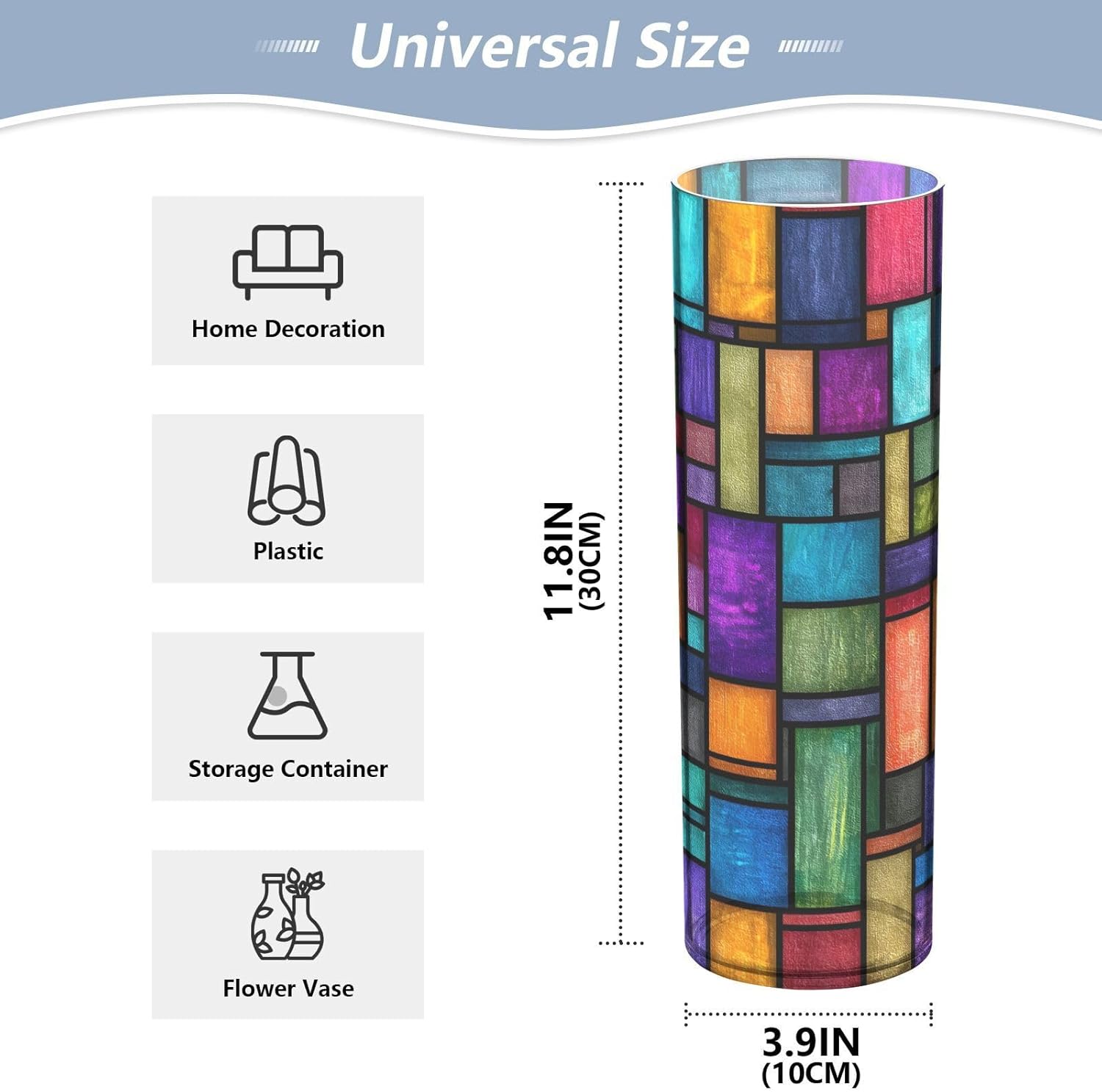 Colorful Stained Glass Print Flower Vase Shatterproof Plastic Vase Tall Cylinder Vases for Bouquet Home Wedding Events Decorative Centerpieces