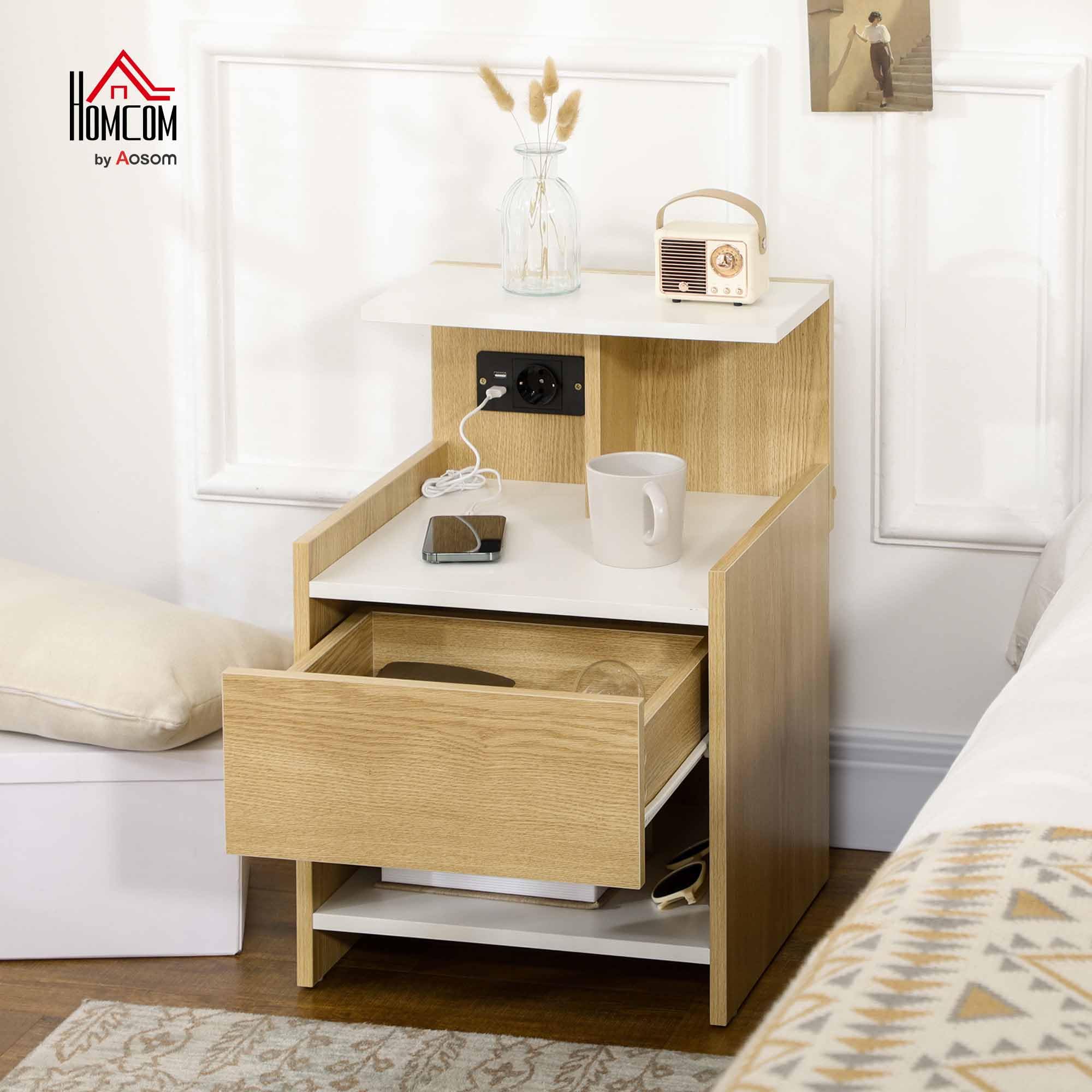 HOMCOM Comodino Moderno in Legno con Porte USB 40x40x60cm Color Legno