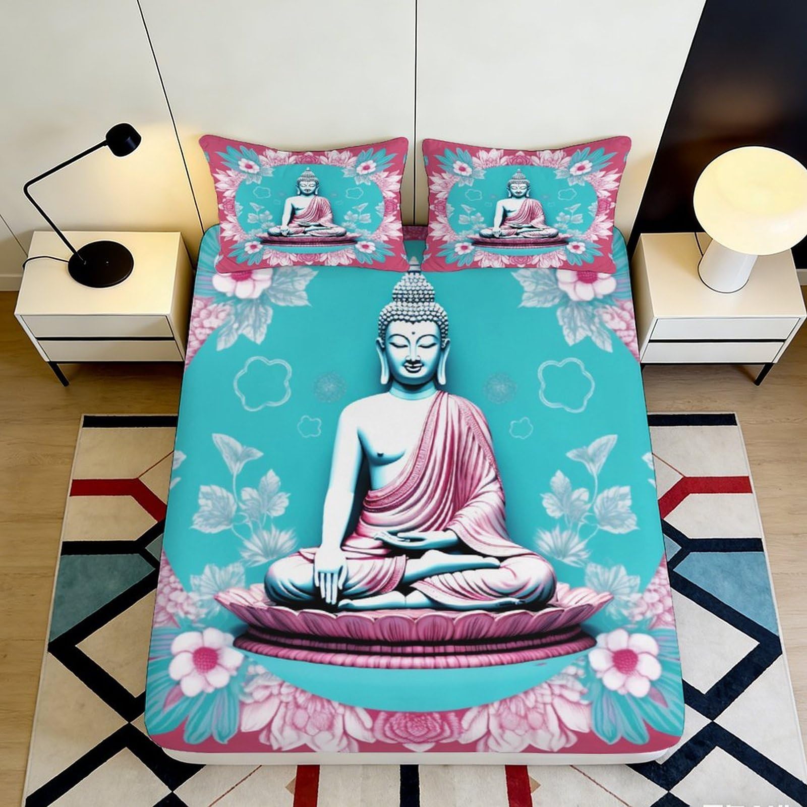 Jqzkxnhpbr Style-7 3D Printed Buddha Lotus Fitted Sheet Microfiber Turquoise Pink Mandala Mattress Cover Bedroom Dorm Décor 90X200x25cm