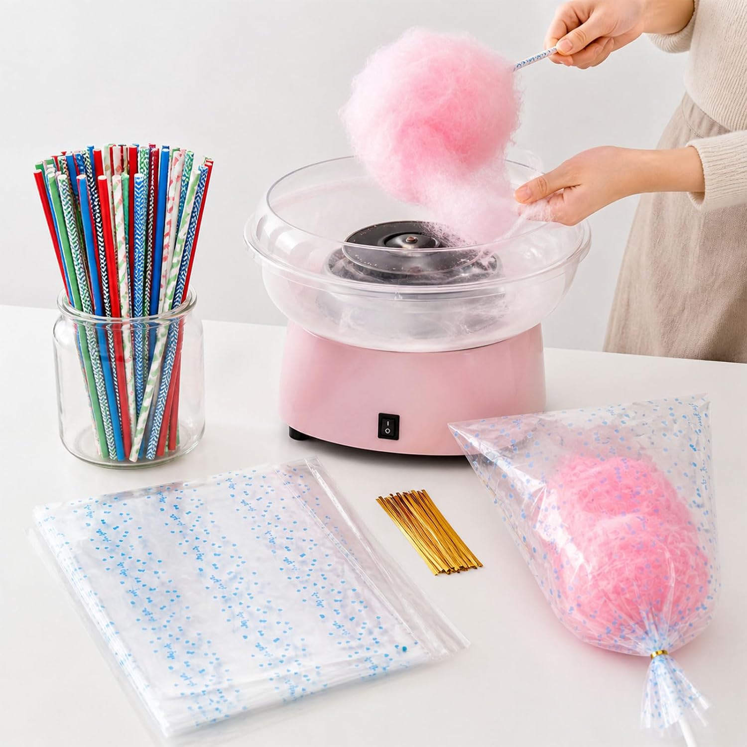 100 Packs Cotton Candy Bags with Ties and Paper Sticks Set