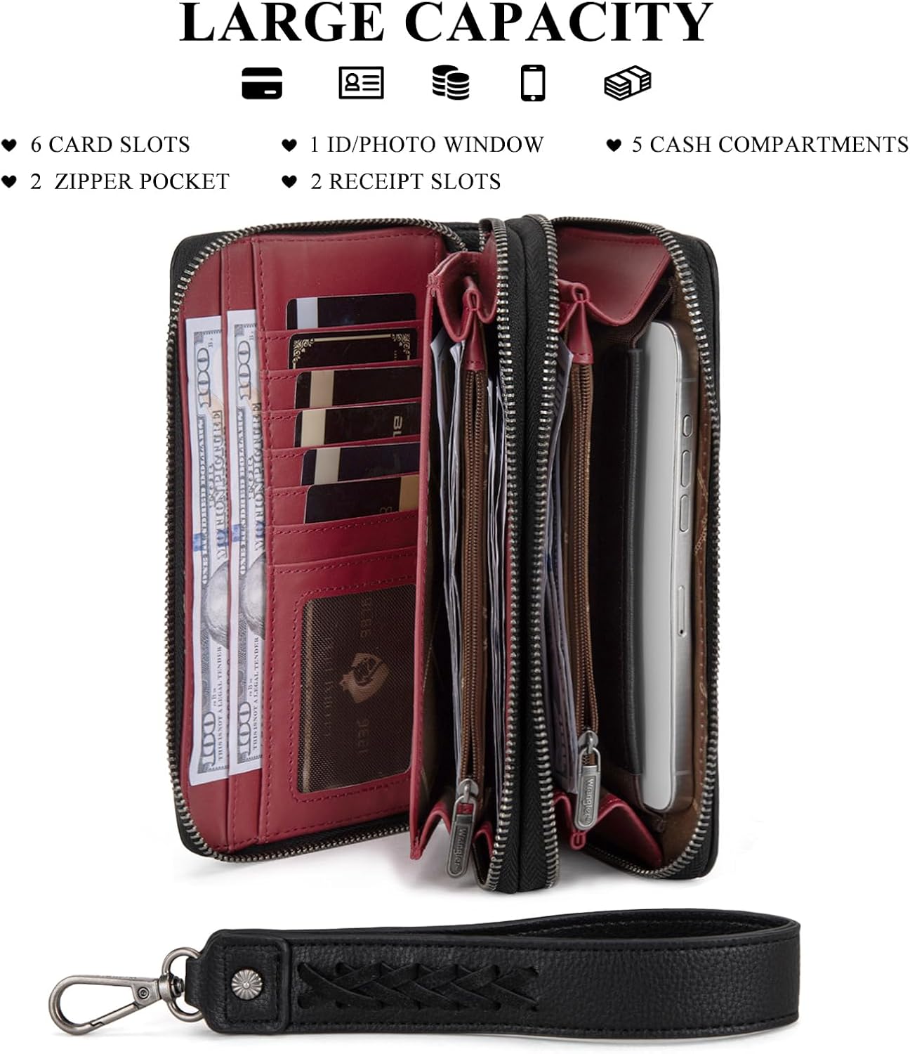 X Wrangler Black Wallet for Women Ladies Female Oversized Women's Wallets, Card Cases & Money Organizers with Rfid Blocking Large Phone Wristlet with Multiple Pocket and Wrist Strap - Image 4