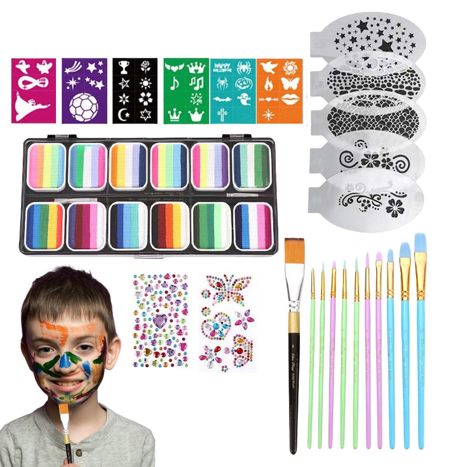 Kit Per Trucco Viso Set Con Stencil Per Pittura Facciale | Palette da 12 Griglie Cosmetici Solubili in Acqua con Colori Vivaci per Adolescenti Studenti Bambini Adulti Cosplay Feste e