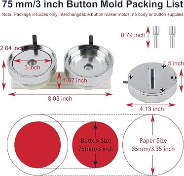 Button Maker Mold 75mm/3 inch, Replaceable Metal Mold for Button Maker Machine, DIY Button Press Machine Mold