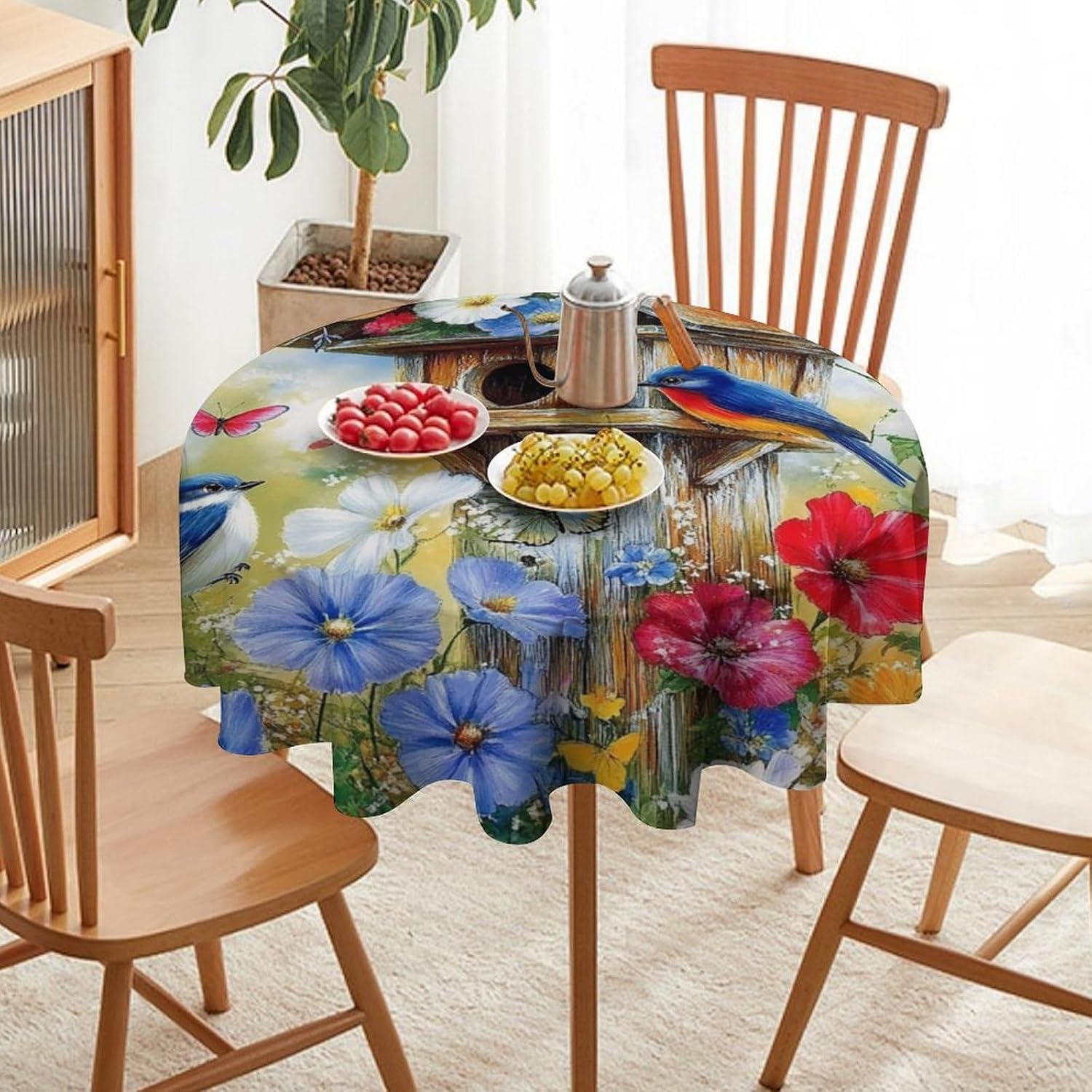 Round Tablecloth Rustic Birdhouse Butterfly, Washable Bird Flower Plant Table Cover for Kitchen Dining Room, Indoor Outdoor Decor for Picnic Party, 60 Inch