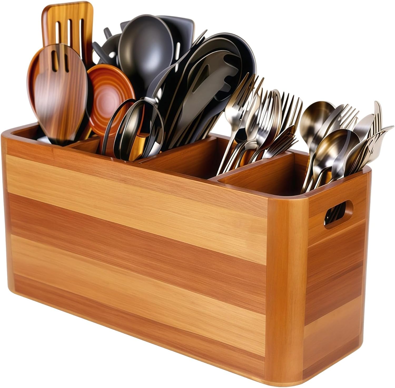 Wooden Utensil Organizer Rack with 4 Dividers, Includes Non-Slip Pads & Expansion Screws