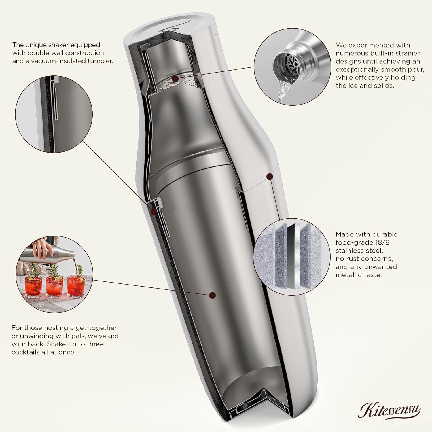 Kitessensu Hybrid Cocktail Shaker | Vacuum Insulated Stainless Steel Martini Shaker with Double Wall Martini Cup | Integrated Measuring System | Tumbler Lid & Cocktail Recipes Included | Crown