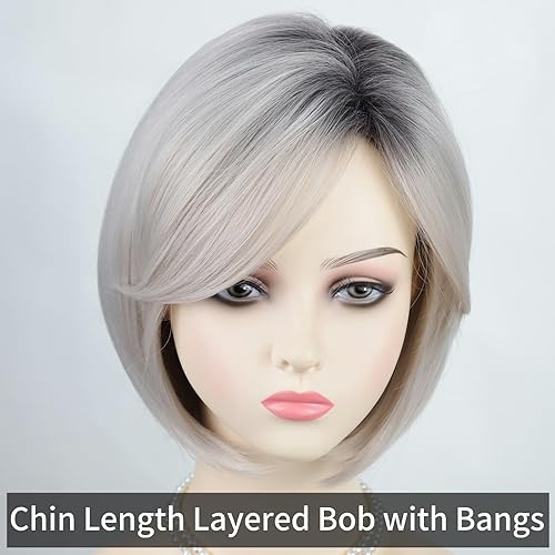 Miniatura 3 de RENERSHOW Pelucas cortas estilo Bob gris para mujeres blancas, peluca Bob gris degradado con flequillo, corte de pelo recto estilo Bob, pelucas