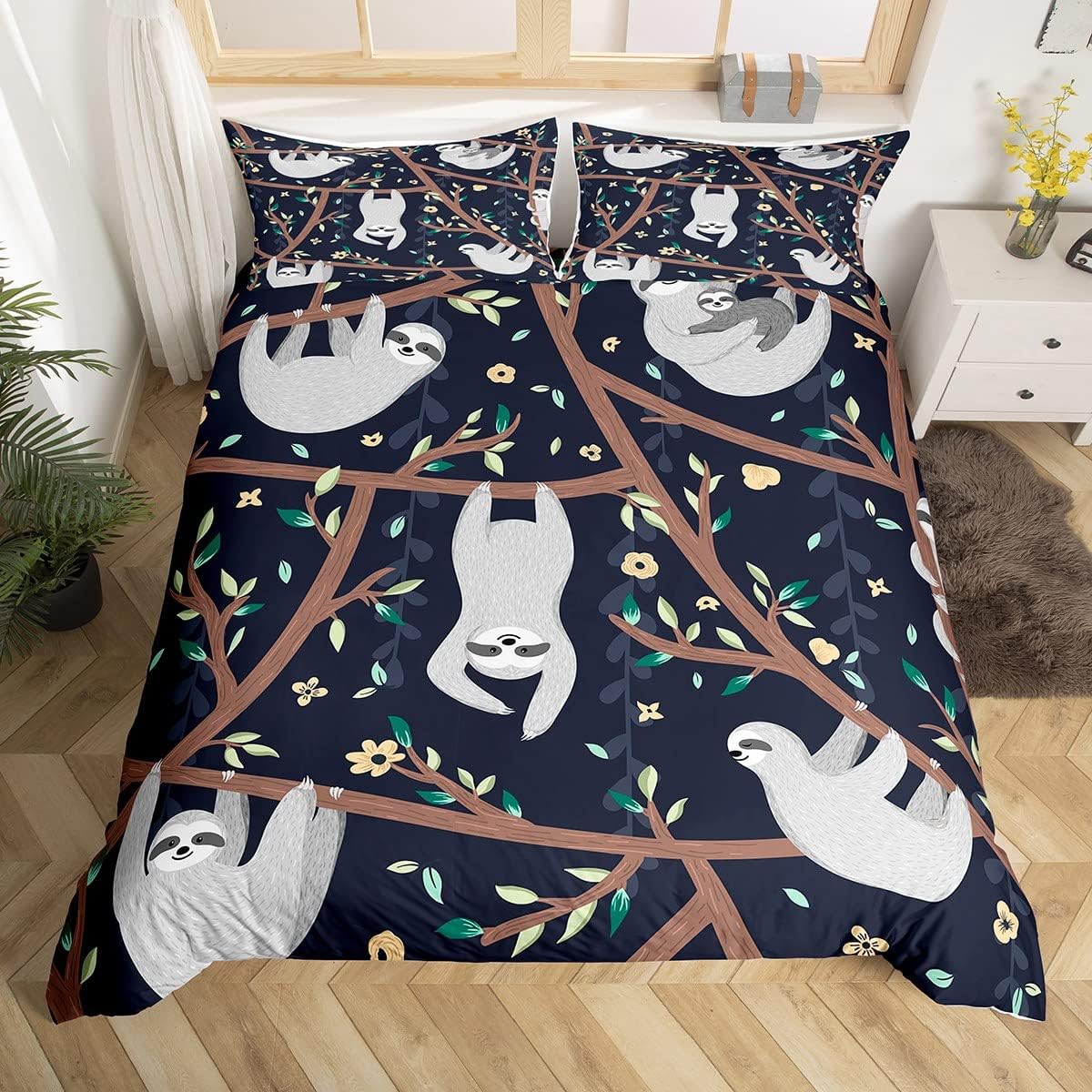 Feelyou Cute Sloth Duvet Cover Full Size Sloth Print Comforter Cover Cartoon Sloth Bedding Set Sloth Gifts Black Bedspread Cover for Kids Boys Girls Adults with 2 Pillow Case