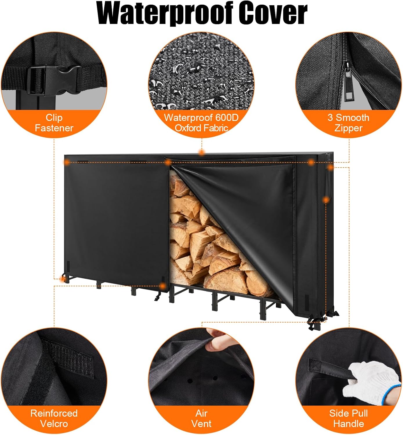 Outvita 8ft Outdoor Firewood Rack with Cover, Heavy Duty Firewood Holder & 600D Oxford Waterproof Cover, Indoor/Outdoor Log Storage Rack, Metal Wood Pile Storage Organizer for Fireplace, Patio