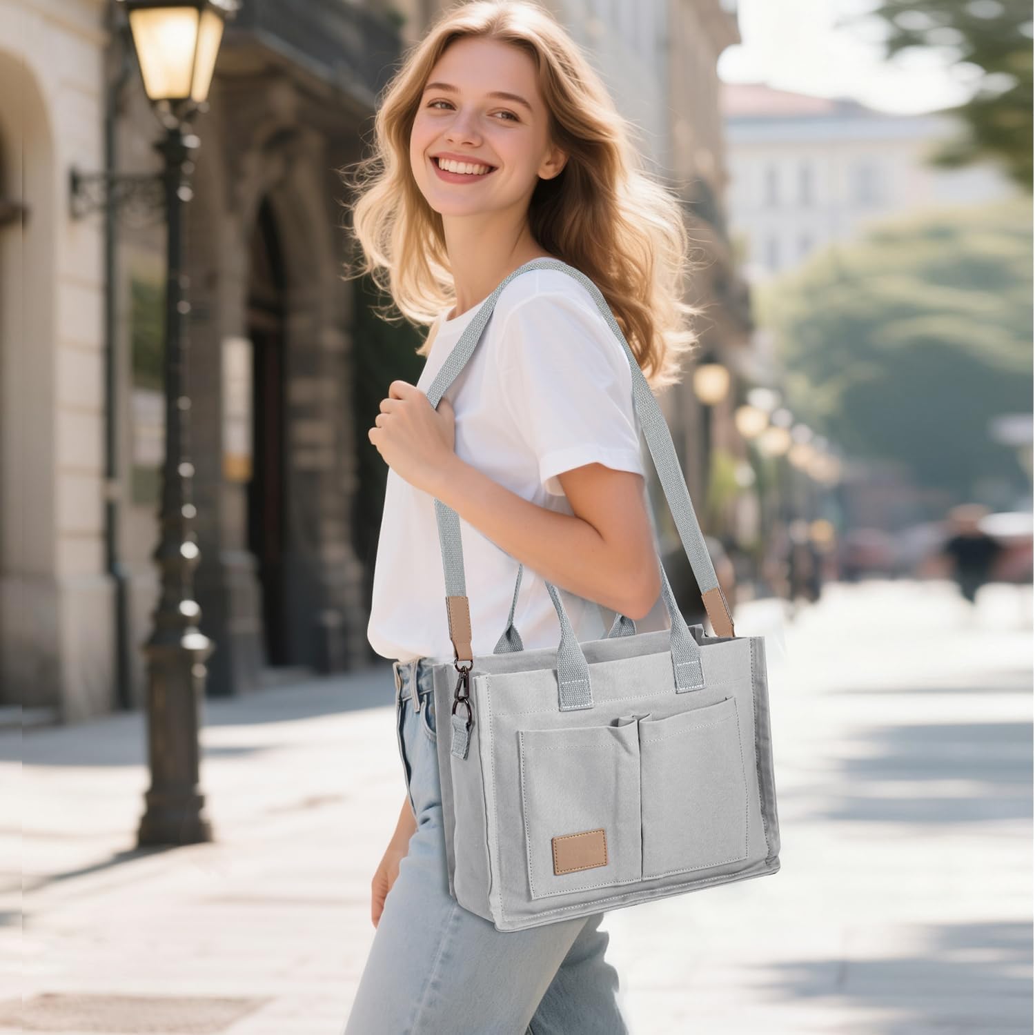 Canvas Tote Bag for Women Crossbody Work Purse with Pockets Top Handle Handbag Satchel Bags for Travel Nurse Teacher - Image 2