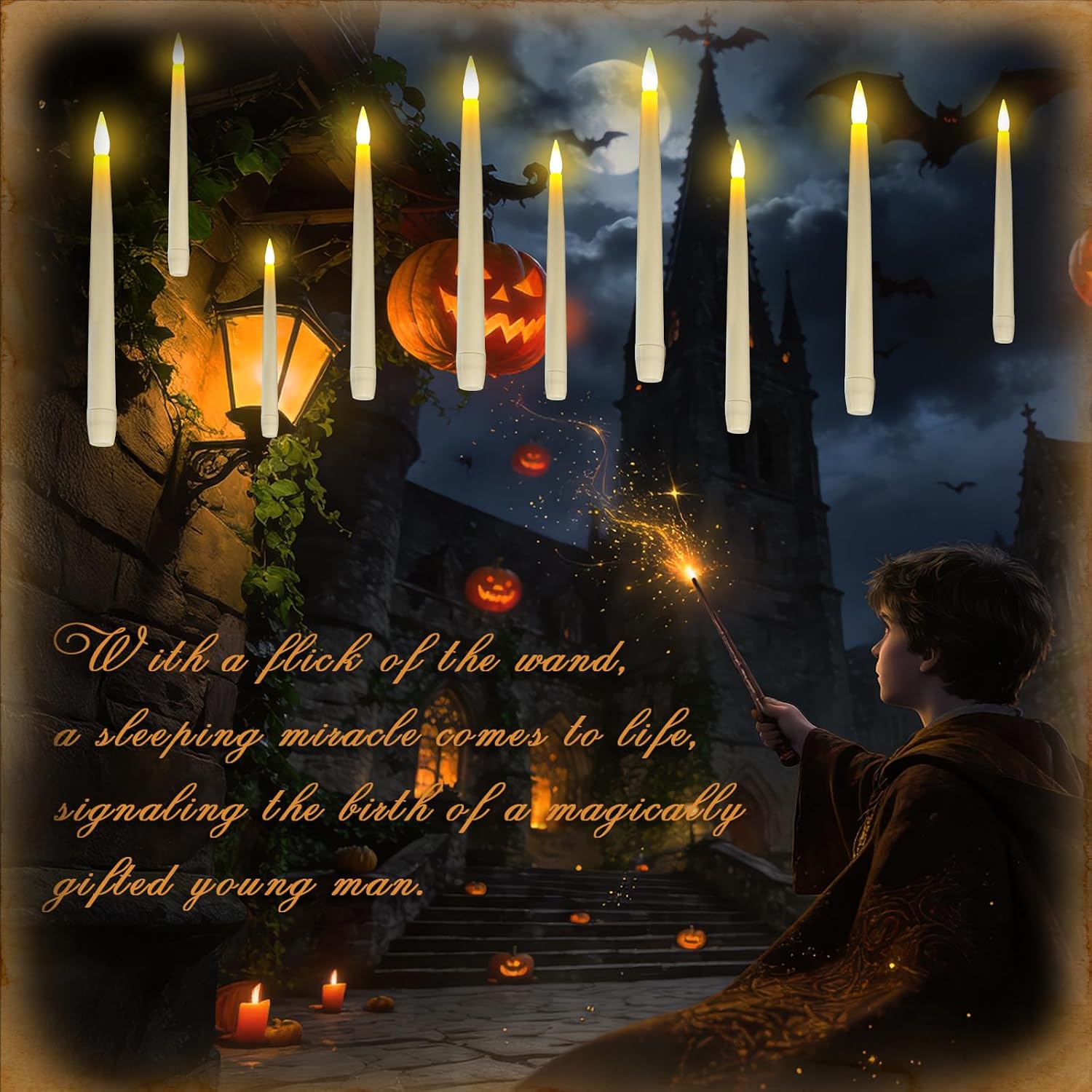 Homemory 10PCS Floating Candles with Wand Remote, Flameless Hanging Taper Candle with Flickering Warm Light, Battery Operated Magic Deco Candles for Halloween, Christmas, Birthday, Indoor Decor