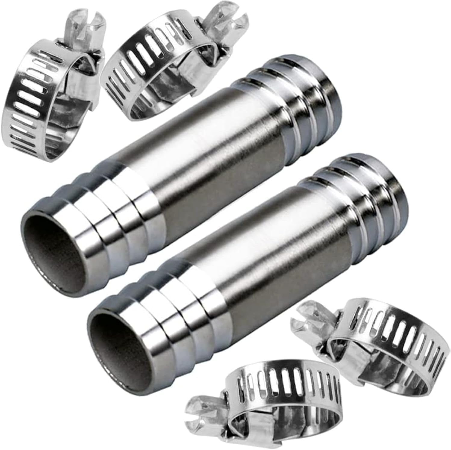 2Pcs Stainless Steel Hose Barb 1" Splicer Mender Union Tubing Coupling Fittings with Hose Clamps Air Water Fuel Oil