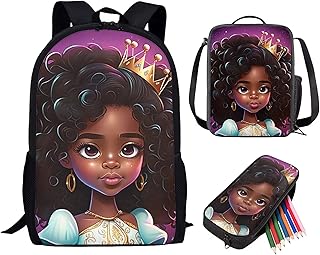 Gongbawa African American Black Girl Backpack 3-Pcs Set Daypack with Lunch Bag and Pencil Case for Women Girls Age 10-12 Bookbag with Adjustable Shoulder Strap School Supplies