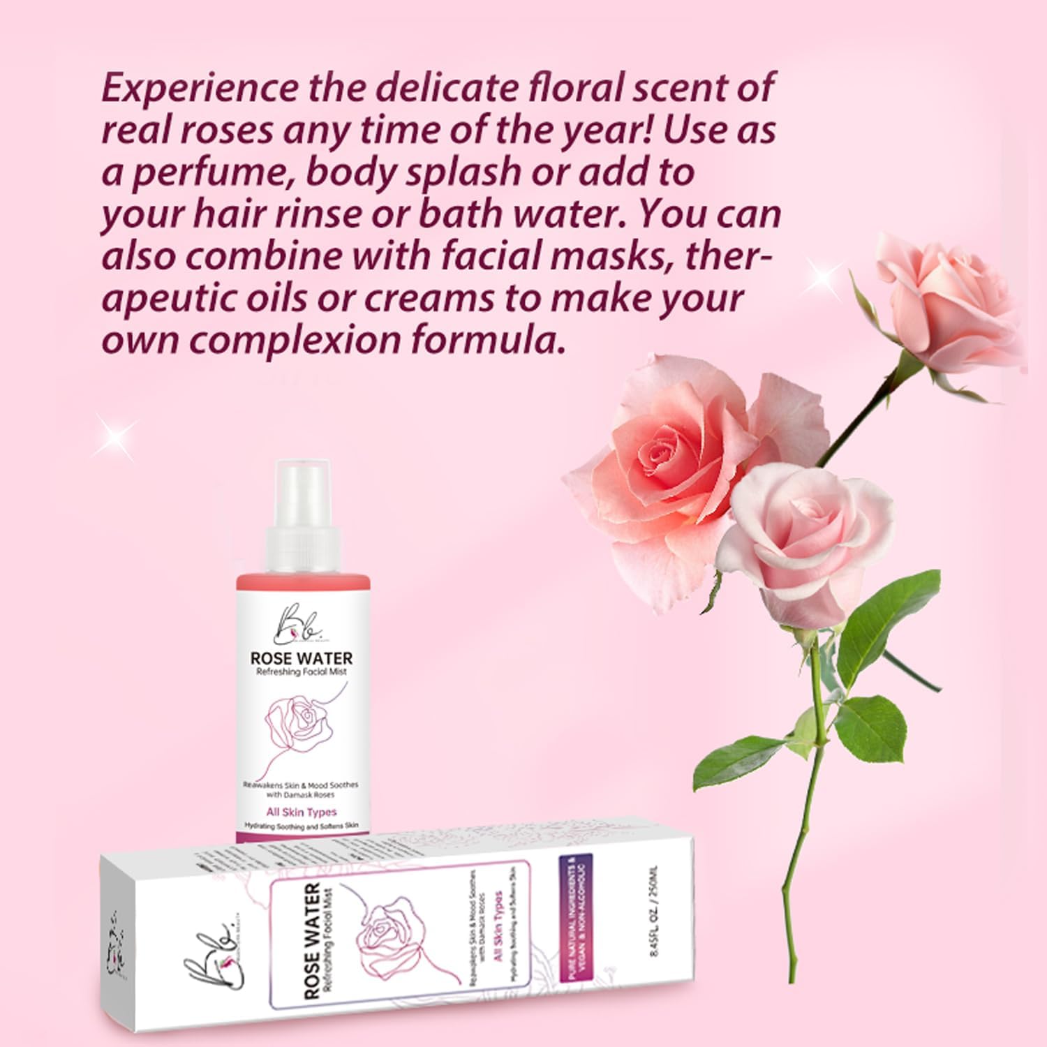 Damask Rose Water Facial Mist – Steam-Distilled Pure Rosewater Spray, Hydrating & Soothing Toner with Glycerin, Vegan & Alcohol-Free, All Skin Types, 8.45 fl oz