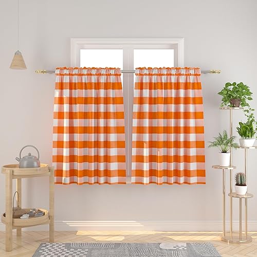 Miniatura 35 de Cortina ajustable con cenefa para ventana de cocina Buffalo Check, a cuadros, gingham, estilo granja, con bolsillo para barra, para baño, 42 x 45
