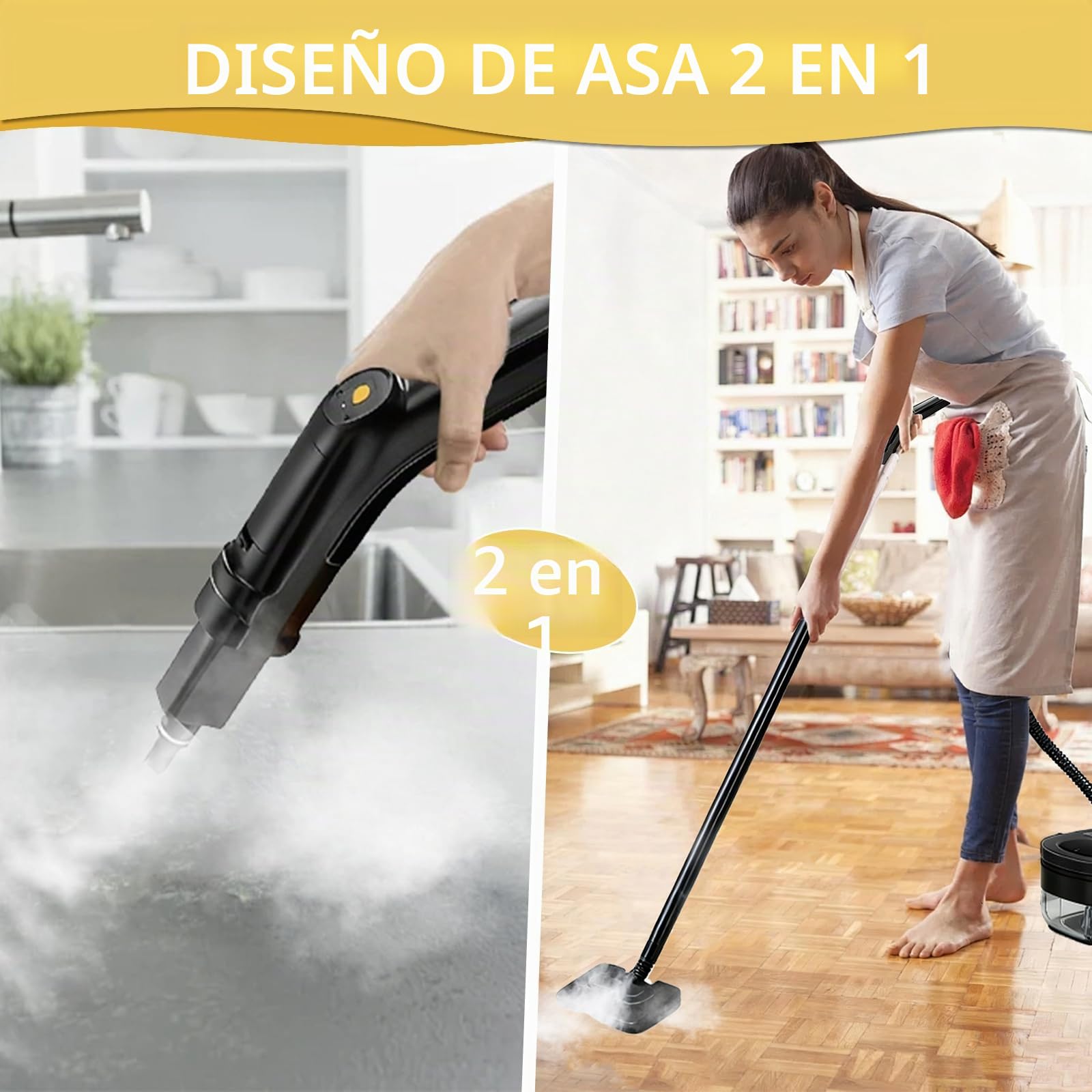 Limpiador a Vapor Portátil, 2500W Potente Limpiador a Vapor para el Hogar, 3 Velocidades Ajustables,17 Accesorios, Depósito de Agua de 1600 ml, Presión de 4 Bar, para Cocina, Ventanas, Pisos, Autos