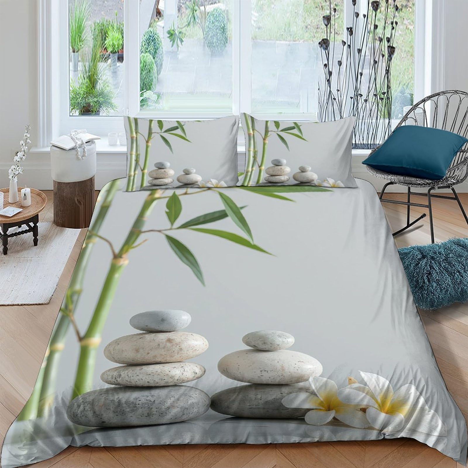 Ctjqhvkz Style-9 3D Printed Bamboo Zen Stones Fitted Sheet Microfiber Soft Bedroom Decor Calm Nature Mattress Cover Single（135X200cm）