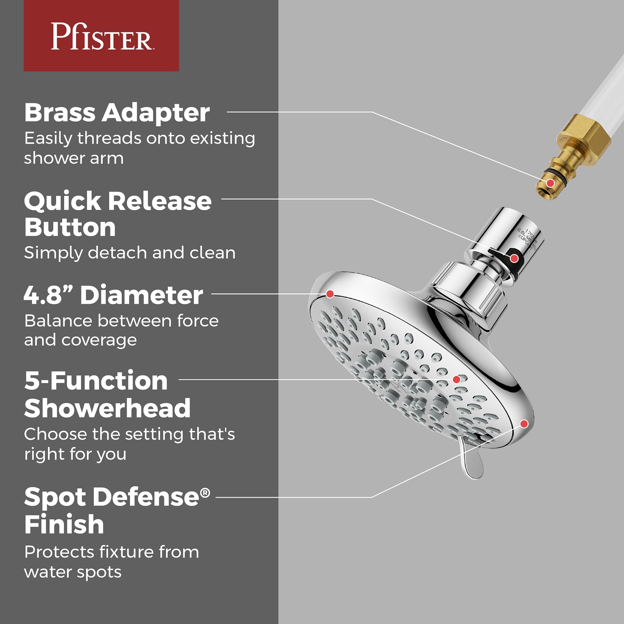 Pfister Cabezal de ducha universal con adaptador QuickConnect, 5 funciones, redondo, 1.75 GPM, acabado cromado pulido, 015WS2UT04QC