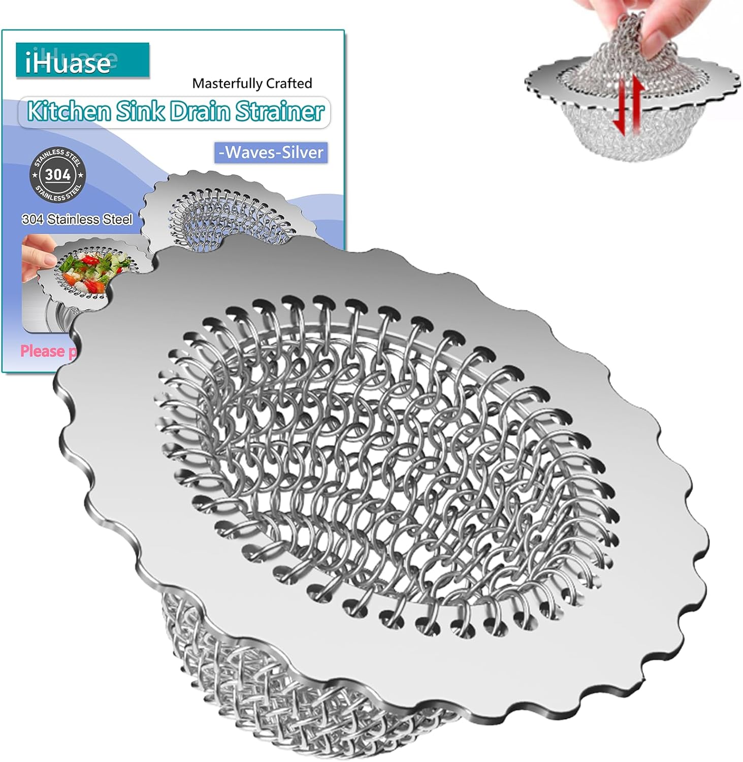 Kitchen Sink Drain Strainer, Patented 304 Stainless Steel Reversible Mesh Strainer with Flexible Chain, Handcrafted Anti-Clog Garbage Disposal Cover, Easy to Install & Clean - 1 Pack
