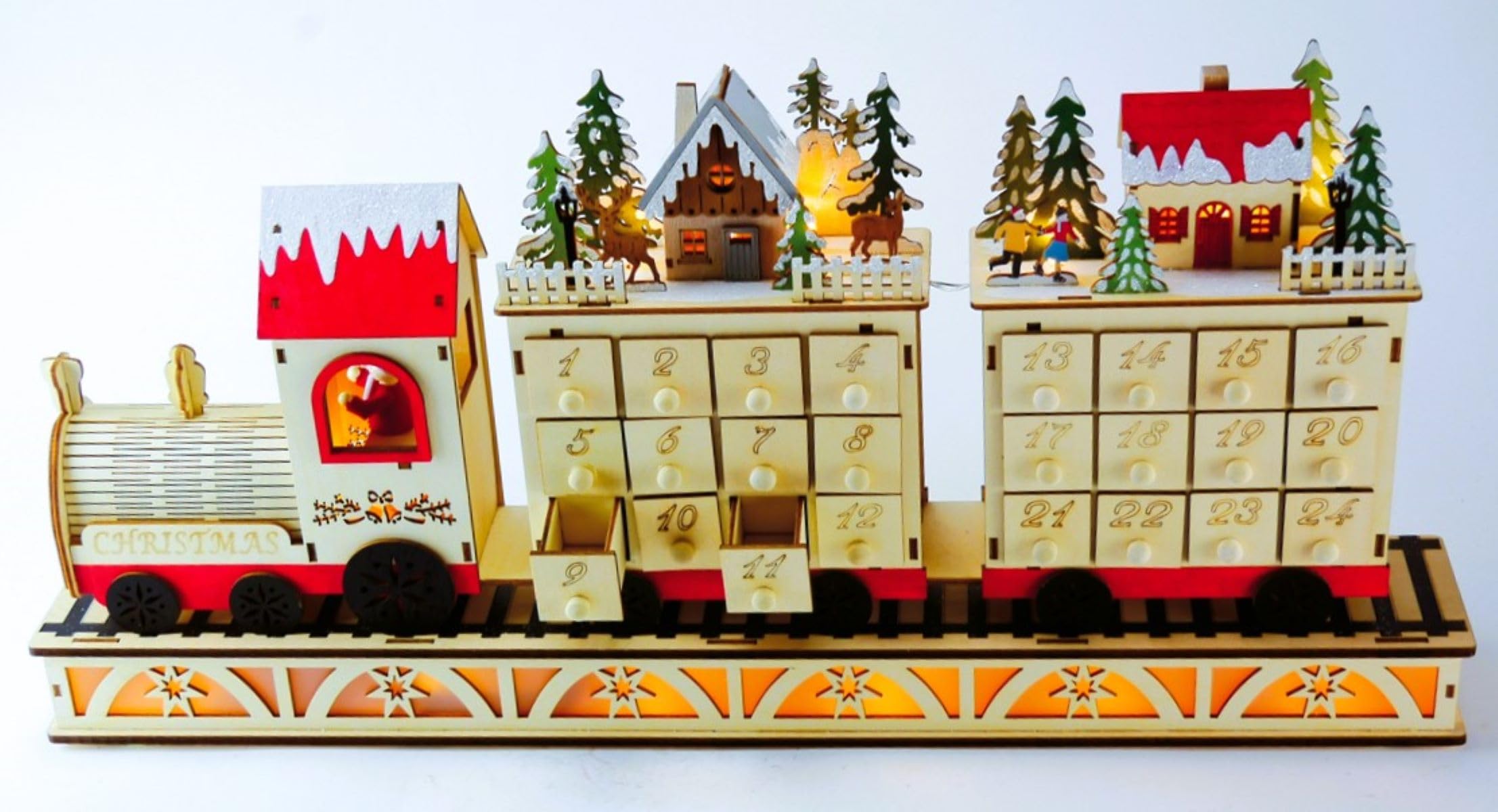 MMM GmbH, 64099 Spieluhr - Adventskalender aus Holz in Zugform mit 24 kleinen Schubladen