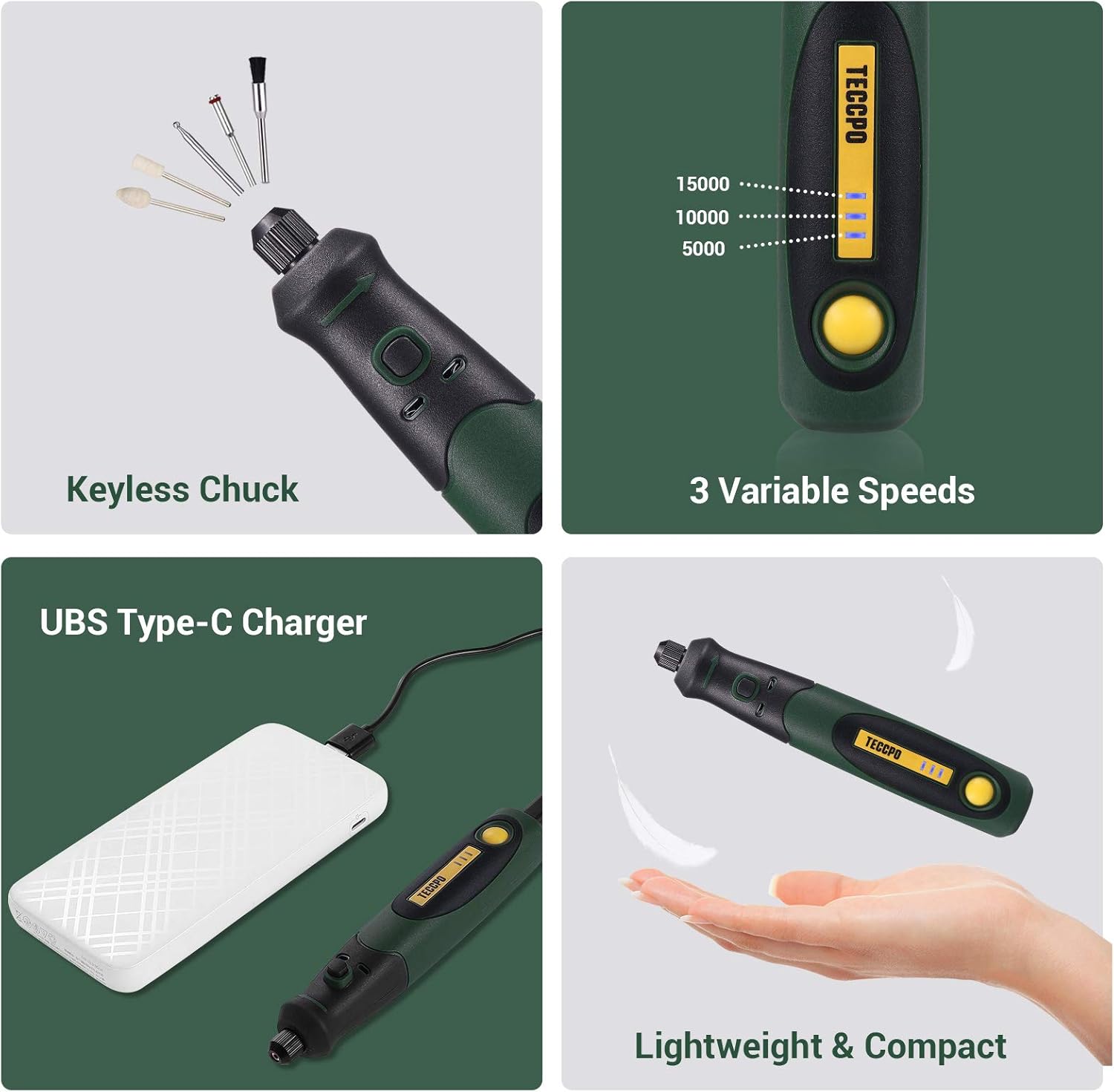 Four panels showing Keyless Chuck, 3 Variable Speeds, USB Type-C Charger, and Lightweight & Compact design of the rotary tool.